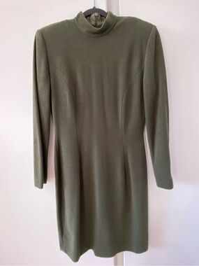 Vintage 80s Olive Green Long Sleeve Mock Neck Tailored Shoulder Women's Dress